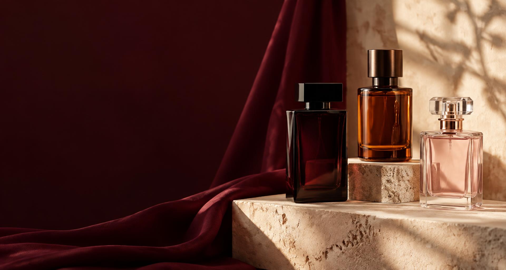 Composición editorial de perfumes sobre piedra y terciopelo burgundy